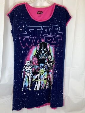 Star Wars Sleep Shirt Sz L-XL 14-16 Short Sleeve Pink Blue Yoda Vader R2D2
